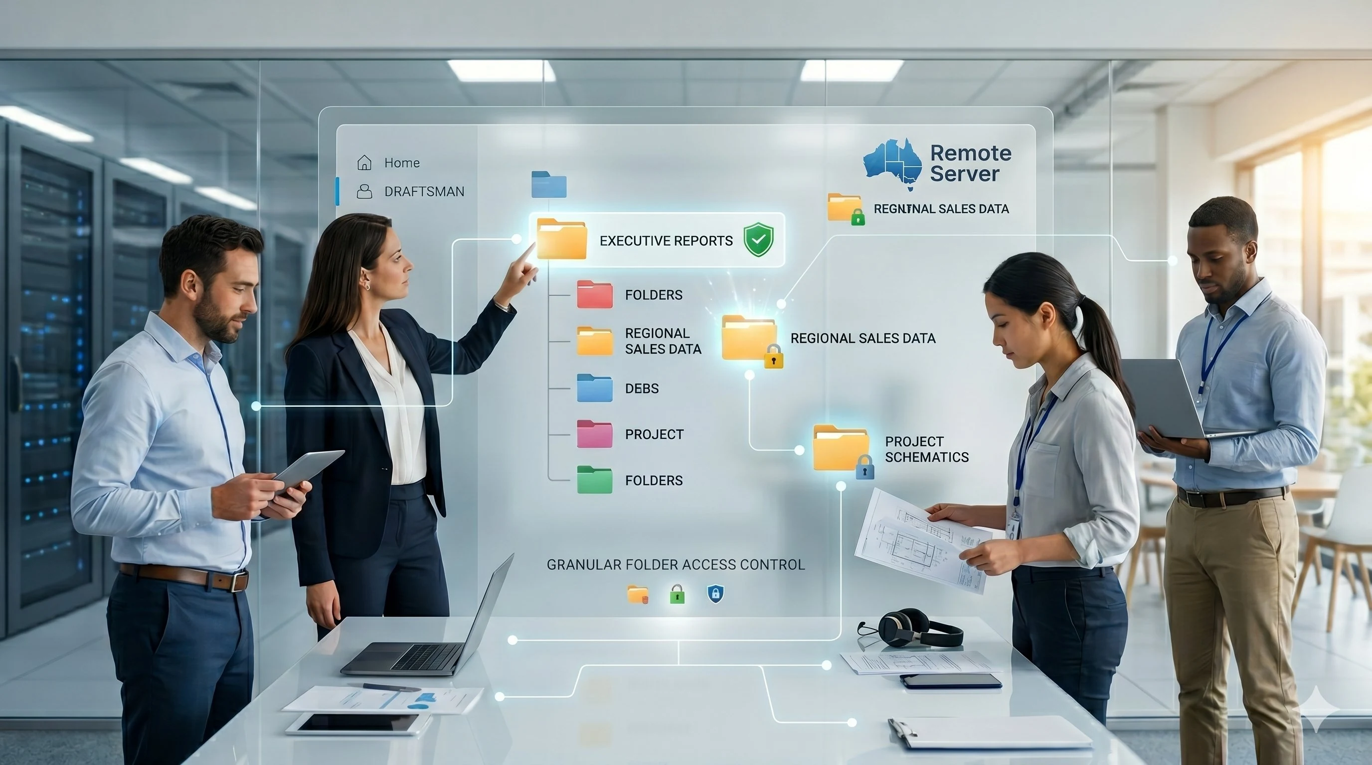 Business team using granular folder access control on Remote Server Australia — executive reports, regional sales data and project schematics each locked to specific user roles, with colour-coded folders showing role-based permissions across draftsman, accounts and management teams